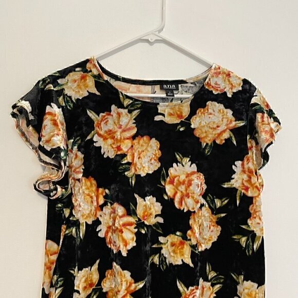 A.N.A Velvet Ruffle Tee Black Orange Floral Velour Short Flutter Sleeve Blouse L - Picture 4 of 10